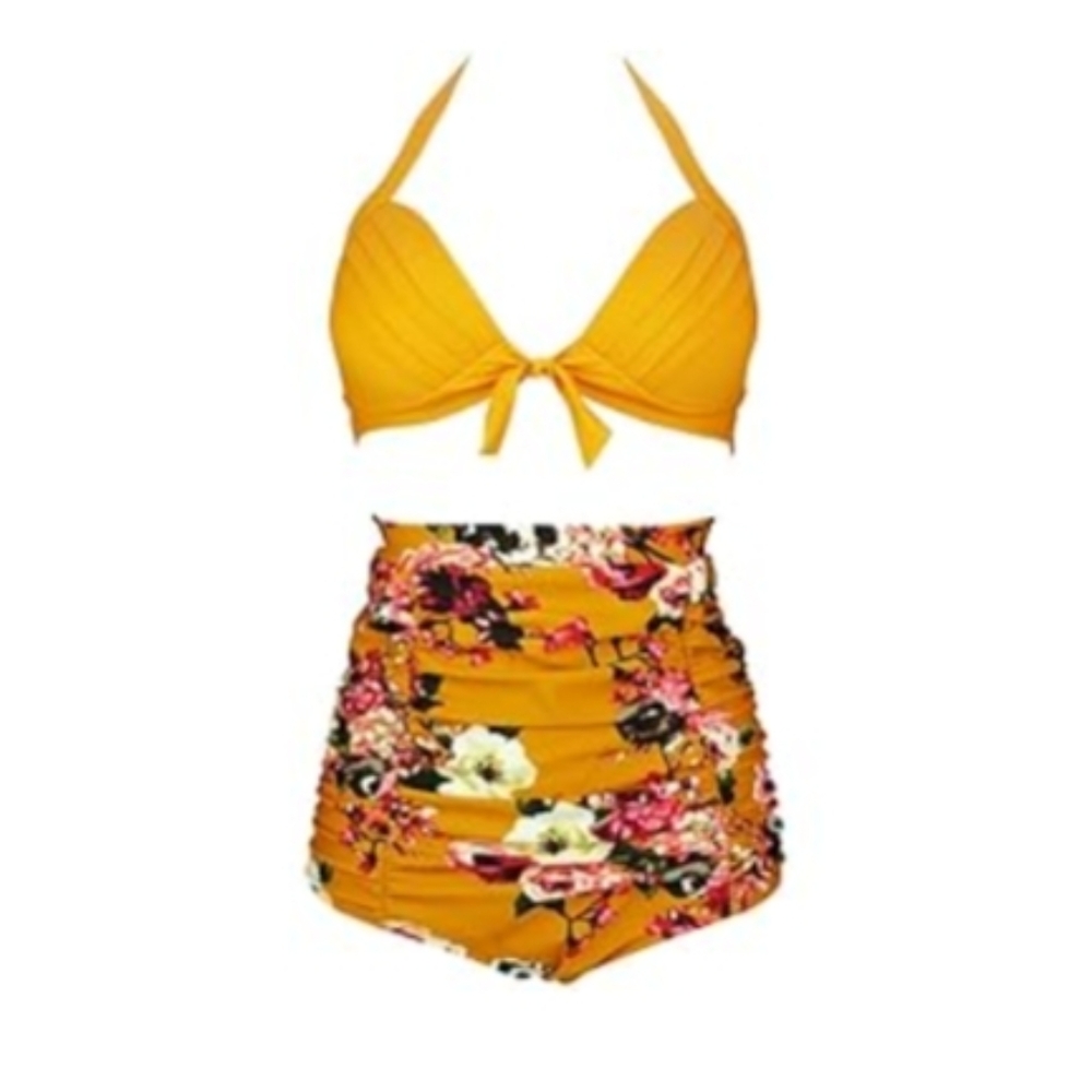 Zinnia Yellow & Pink Floral Retro High-Waisted Bikini Set